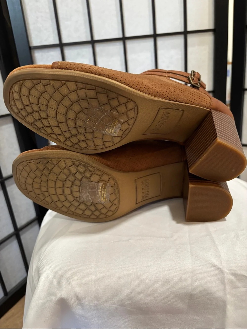 New York Transit Cognac Peep Toe Booties‎ Block Heel Size 8